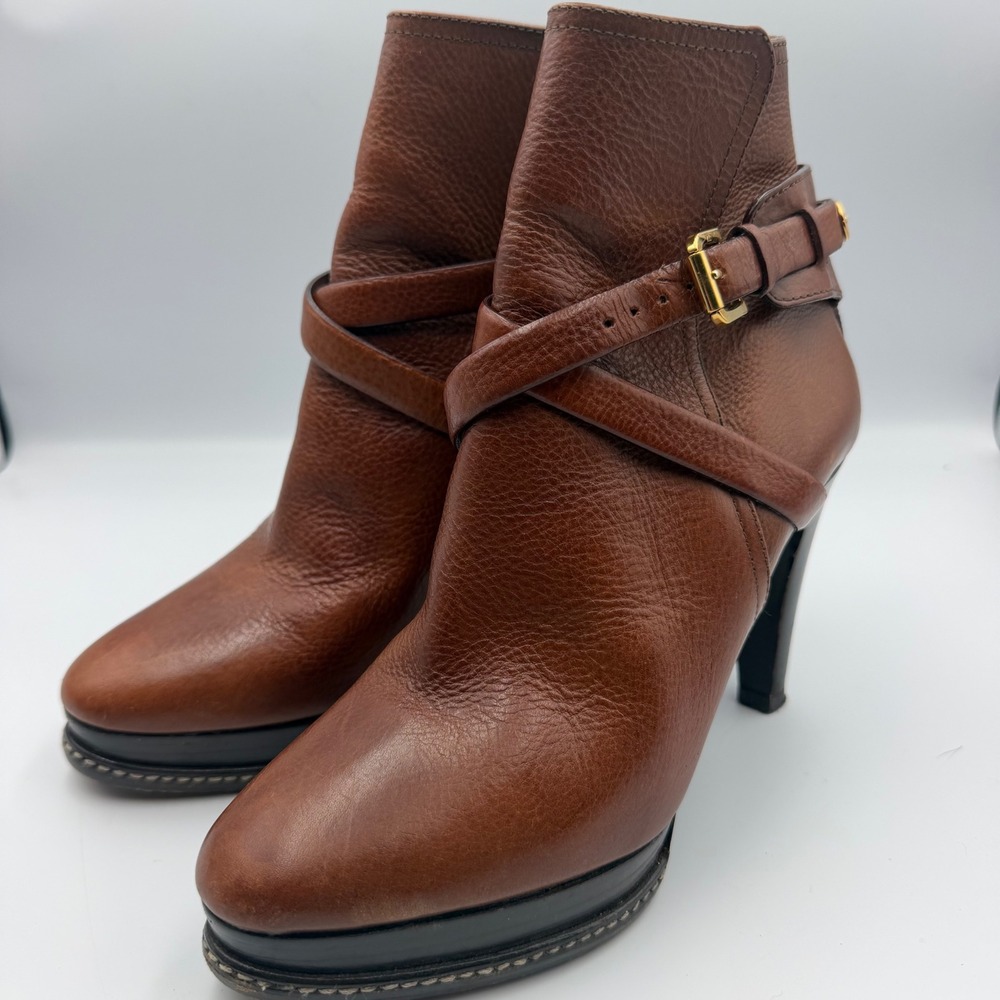 Ralph Lauren Collection Brown Pebbled Leather Wrap Buckle Platform Booties 7.5B